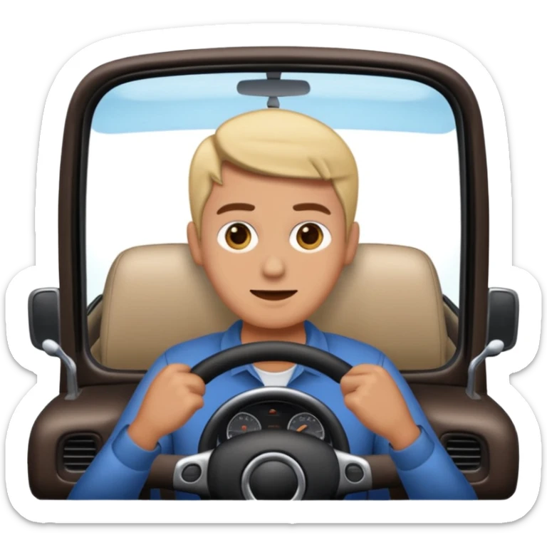 Crea un emoji con fondo transparente en PNG de una persona manejando un vehículo, que se vea desde el parabrisas frontal. sticker
