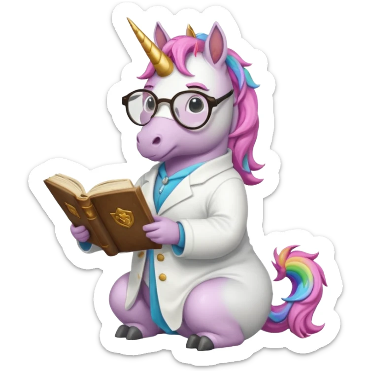 Unicorns read book
A full body of scholar unicorn wearing round glasses, reading a thick ancient tome. sticker