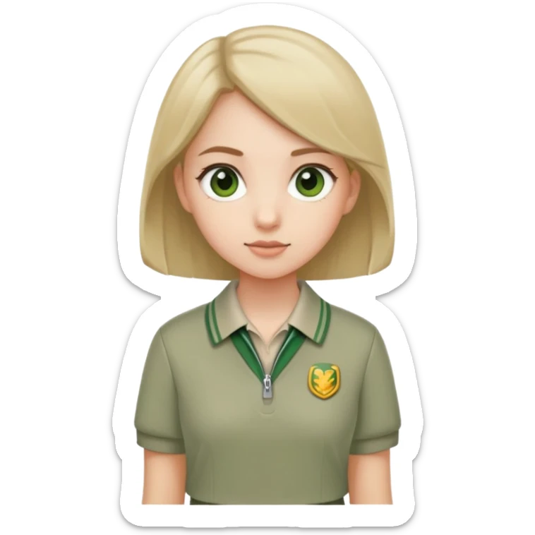 girl in a school uniform wearing a green polo, beige skirt, grey zipper jacket sticker