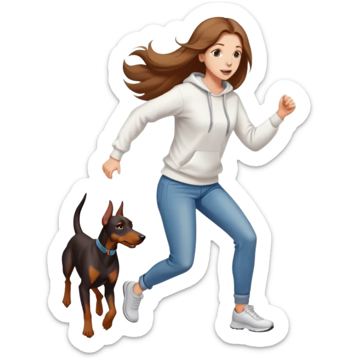 A beautiful girl with long hair wearing a white sweatshirt and jeans is running with a Doberman sticker