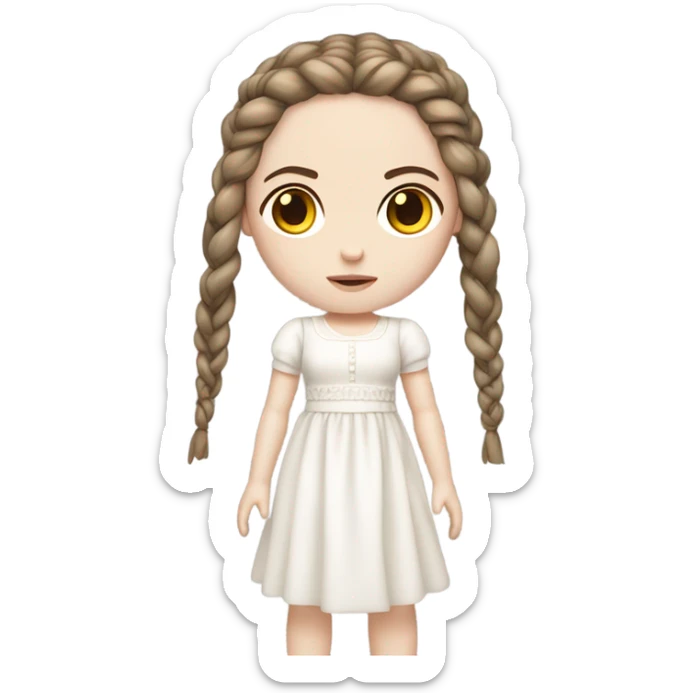 Doll with brown straight hair in braids, wearing a white dress and a serious expression. She has pale skin and a classic porcelain doll appearance, looking terrifying. sticker