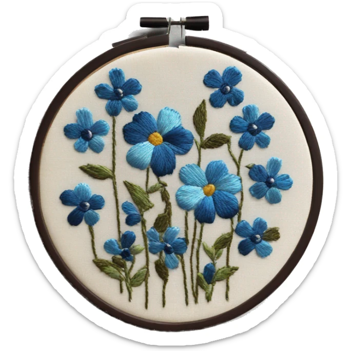 Vintage embroidery hoop with blue flowers embroidered and dark brown embroidery hoop border sticker