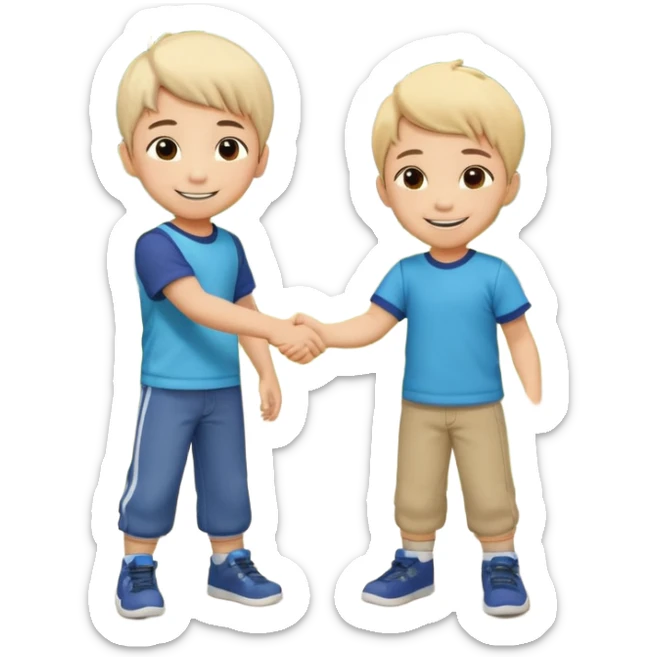 A cute 4-year-old Japanese boy with a big proud smile, shaking hands with another boy to make up after a fight, in a sunny park. Toys on the ground, both looking happy and relieved, warm friendship vibe, cartoonish style, vibrant colors, high detail. sticker