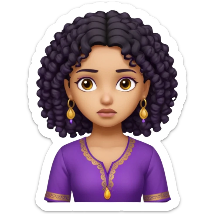 a tan pretty bratz indian girl with curly black hair, looking sad. purple kurti sticker