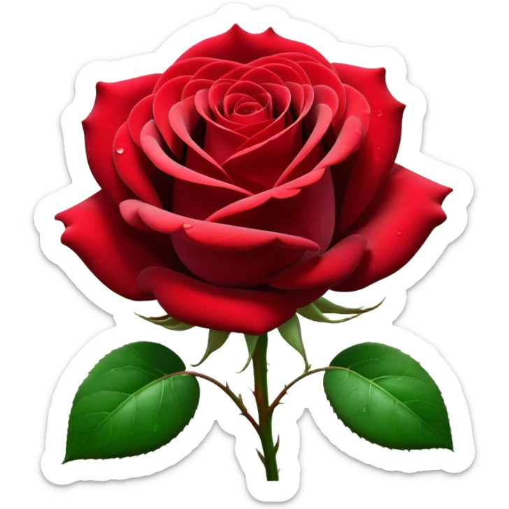 Cinematic Realistic Rose Emoji, Elegant and full of grace, with velvety, deep red petals unfurling in a perfect bloom, dew drops glistening on the soft edges, and a faint fragrance hanging in the air. The lush green leaves surround the stem, creating a vibrant contrast to the rich color of the petals. Soft glowing outline, capturing the essence of timeless beauty and romance in a single bloom. sticker