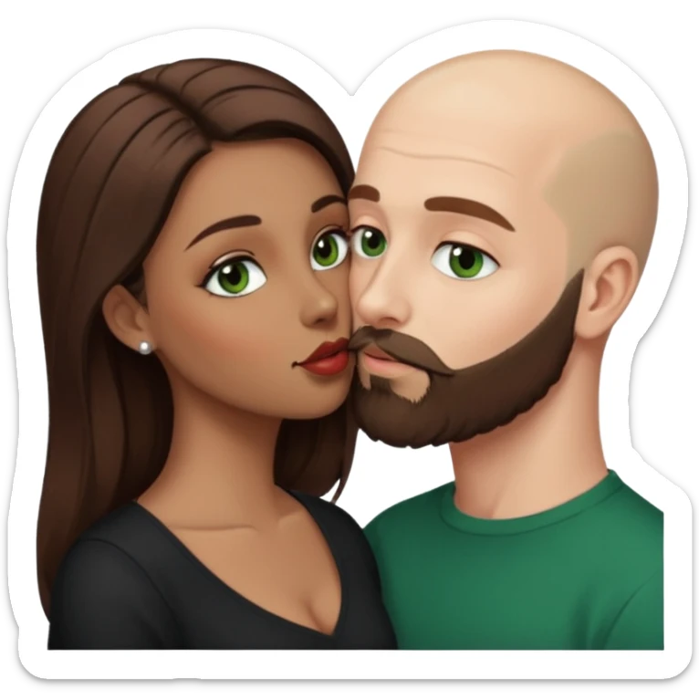 Man beard bald white dark green eyes, woman medium hair brown brown eyed latina kissing sticker