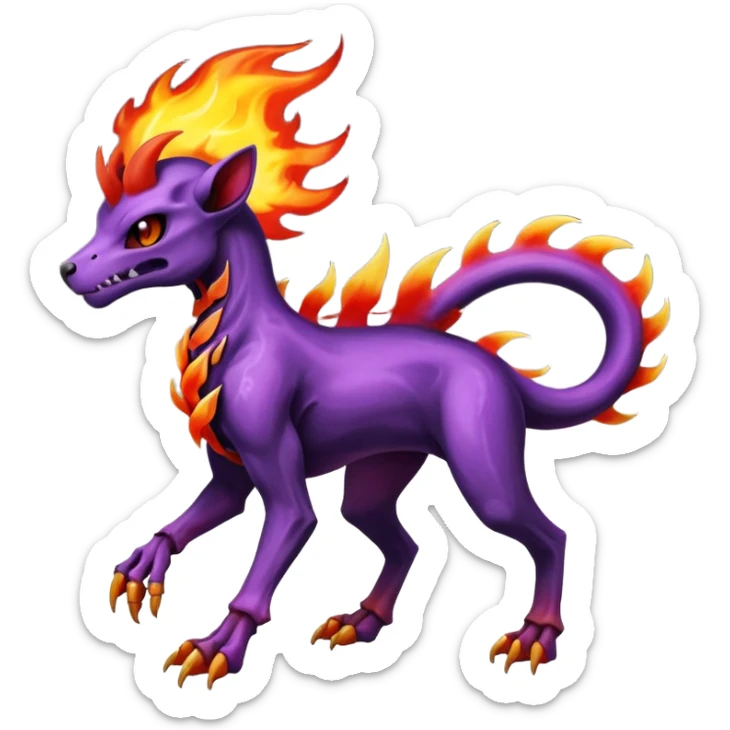 Badass purple skeletal cool shiny Houndoom-Charmeleon-Fakémon-hybrid-creature (full body)  with flamey Mohawk  sticker