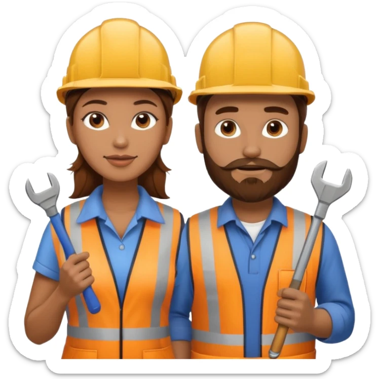 me haces una mujer pelo marron y un hombre con barba , que ambos esten vestidos como constructores de obra  sticker