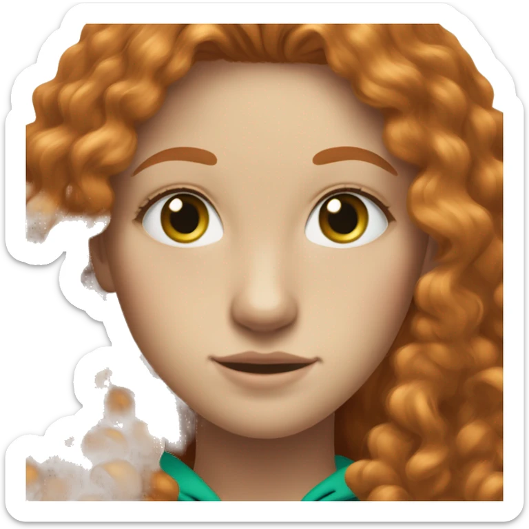 Redhead teenage girl with freckles and blue eyes. She’s wearing a green hoodie and she has long curly hair and blonde eye eyebrows. sticker