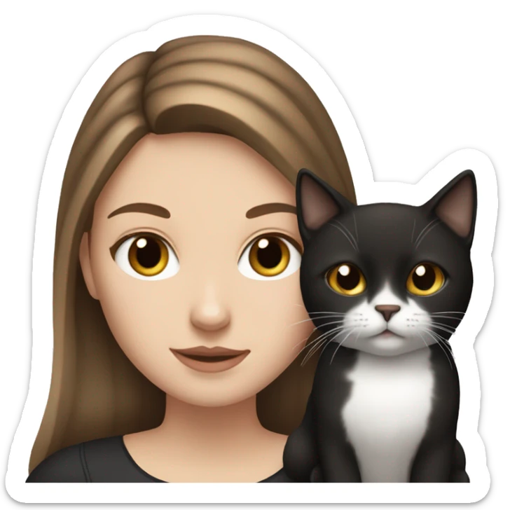 White girl with brown hair and brown eyes holding a black and white cat sticker