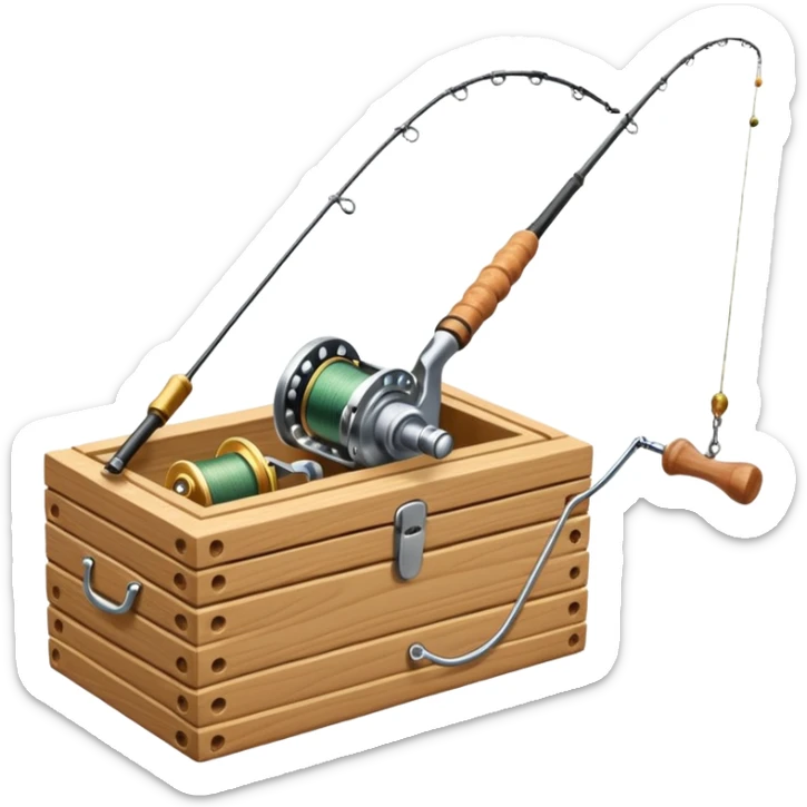 A fishing rod with reel and line neatly coiled beside a bait box. sticker
