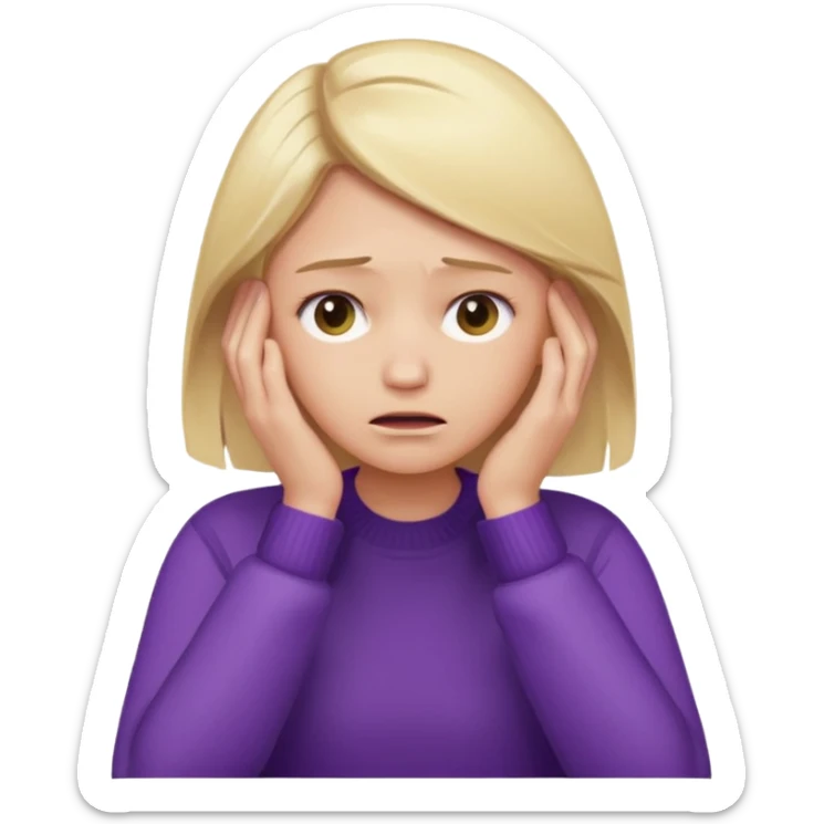 Emoji-style illustration of a frustrated young woman, smooth, shiny, perfectly styled blonde hair, wearing a purple sweater, holding her face in her hands, expressing annoyance and disappointment, cartoonish, expressive, simple lines, flat colors, clear silhouette sticker