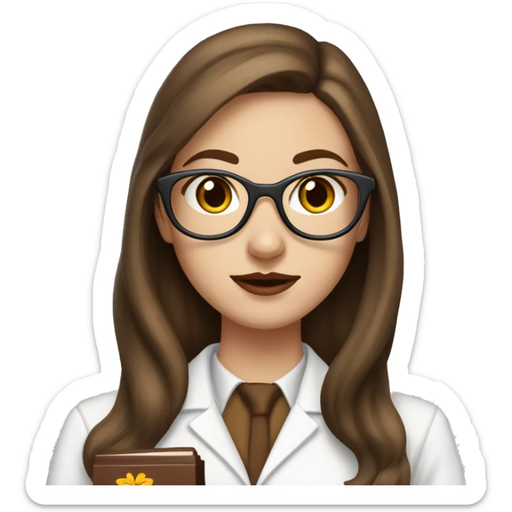 White girl with chocolate long hair in butterfly cut, wearing a scientist uniform and using glasses, with brown/red lipstick  sticker