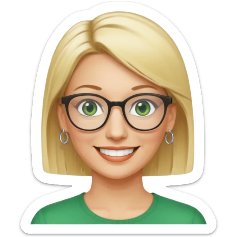 femme 40 ans lunettes carrécheveux très courts blonde anneaux oreilles yeux verts sticker