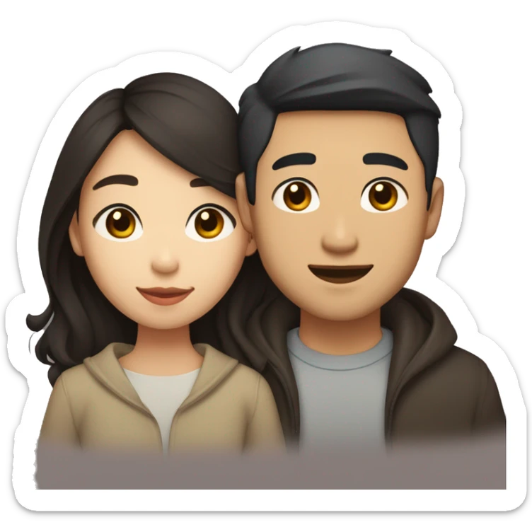 A half pale Asian man with short dark hair and amber eyes embracing and loving a half Asian woman with long wavy dark hair and dark hazel eyes. They love each other a lot And have good fashion taste. sticker