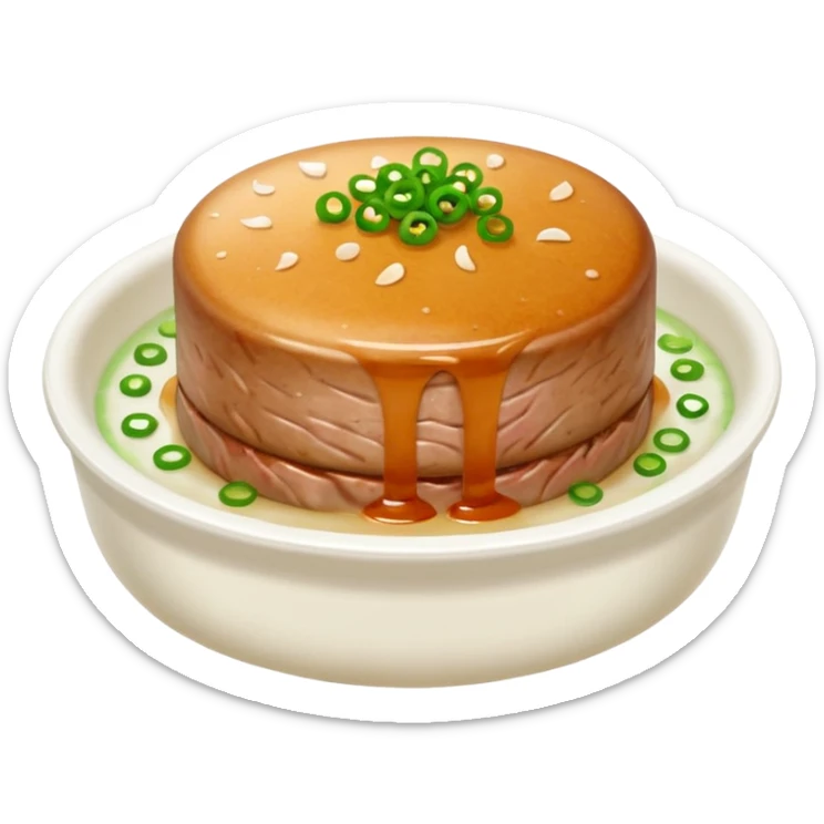 Emoji of a Chinese steamed pork patty in a small dish, topped with chopped scallions and steam rising, soft texture, minimal style. sticker