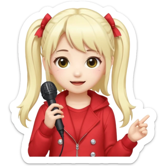 Cute kawaii emoji-style Japanese K-pop singer girl, long platinum blonde hair in twin tails, red outfit, holding a microphone, Japanese K-pop idol vibes, big sparkling eyes, chibi proportions, clean lineart, pastel colors, cheerful idol smile, sticker/emoji style, transparent background sticker
