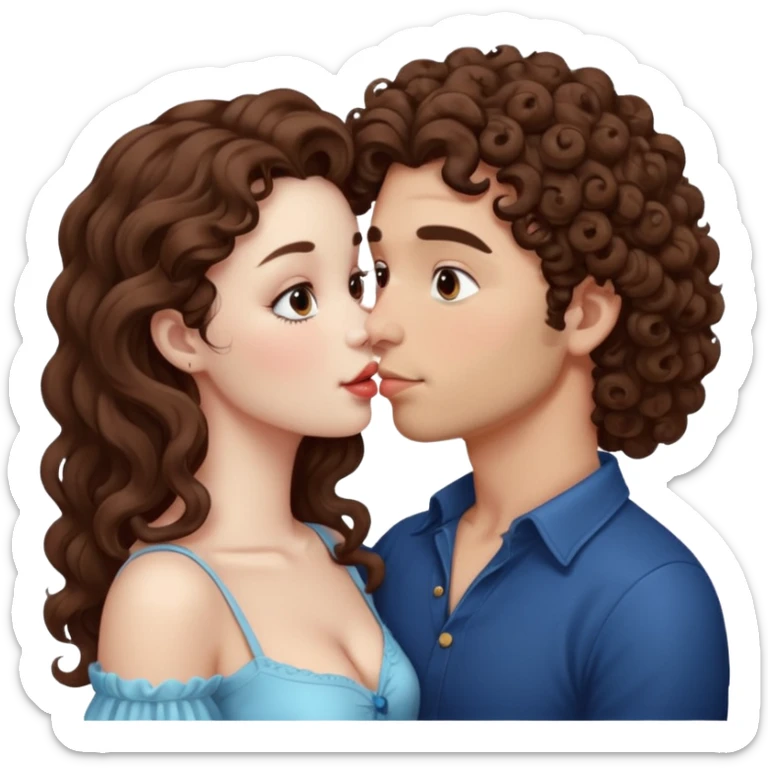 Couple kissing, the man would be white-skinned, curly-haired, brown. The serious woman with white skin, long hair and brown color  sticker