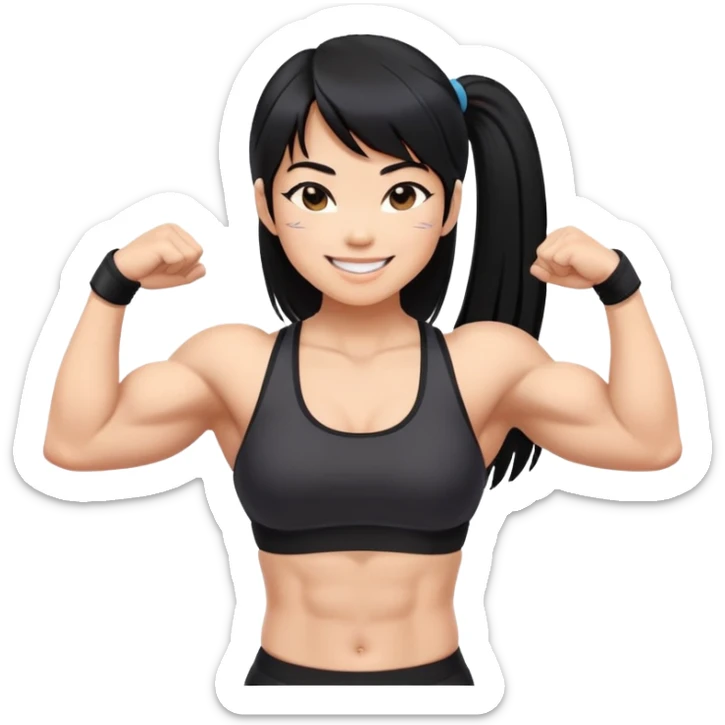 Asian women with muscle on thick strong 2 arms and abs. Black hair, long straight, bangs, light skin, flirty smiles, black sports bra sticker