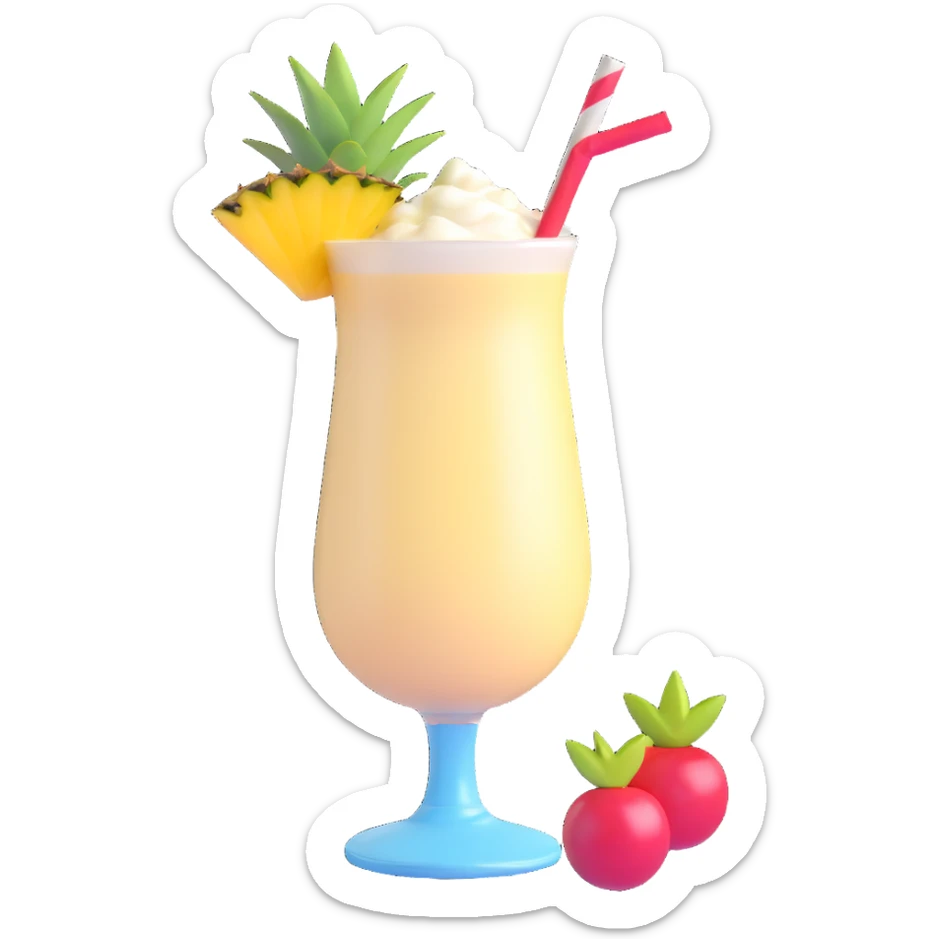 pina colada in a glass with creamy drink, pineapple and cherry garnish, 3D emoji style sticker