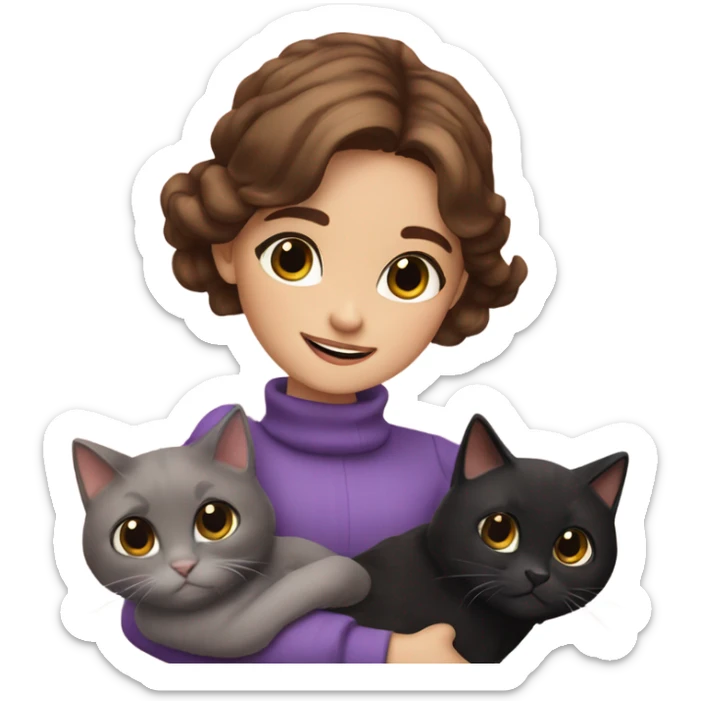 violetta girl brown hair with three black cats in her arms sticker