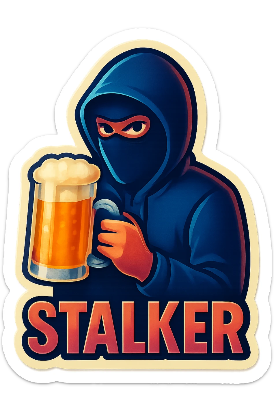 A sticker of a male stalker with a glass of beer sticker