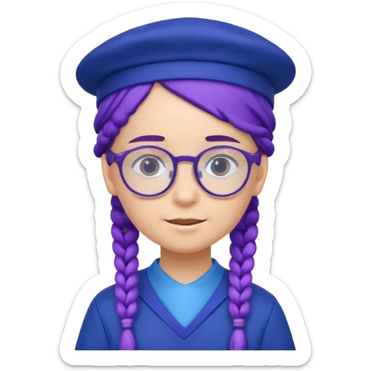 blue uniform wearing scout kid with purple braids and glassess with blue hat sticker