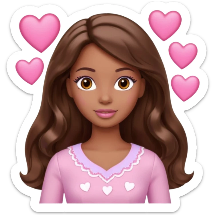 Barbie girl makeup , brown long straight wavy hair and brown eyes is In pale pink clothes There are pink hearts all around sticker