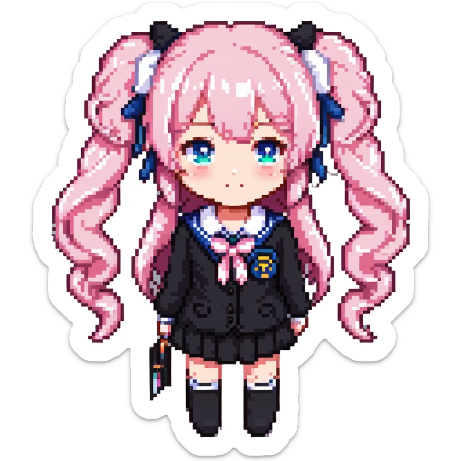 Pixel art anime girl with pink twin tails and school uniform, cute chibi style sticker