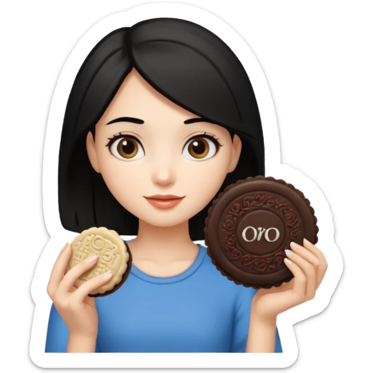 Girl with shoulder-length black hair, holding an oreo cookie in her hand sticker