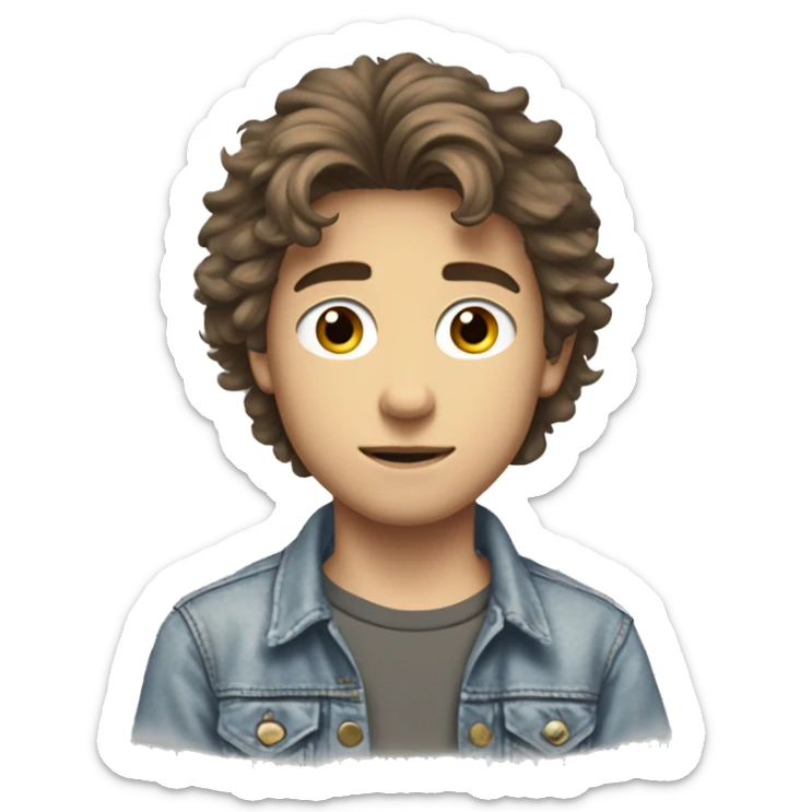 17-year-old boy in the 1980s, messy brown hair, grey eyes, lean build, wearing a faded denim jacket over a band t-shirt, with a slightly scruffy look and pensive expression.  sticker