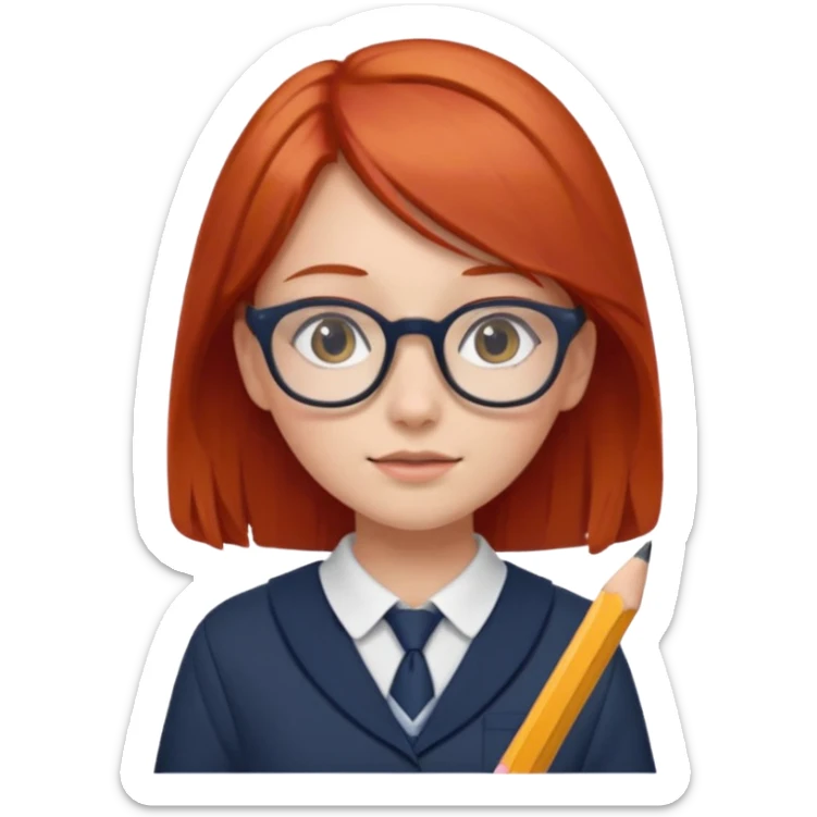 red hair girl kid with glasses → holding a pencil with school uniform sticker