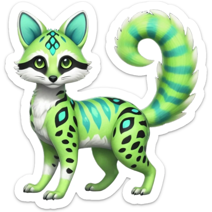 Rare realistic iridescent neon lime-green & cyan white black lush tropical exotic cute epic pretty beautiful handsome gorgeous aesthetic colorful vibrant Vernid-Protogen-Primagen-Wickerbeast-Genet-Trico-species-Fakemon-hybrid-creature by LiLaiRa, beautiful intricate markings, full body sticker
