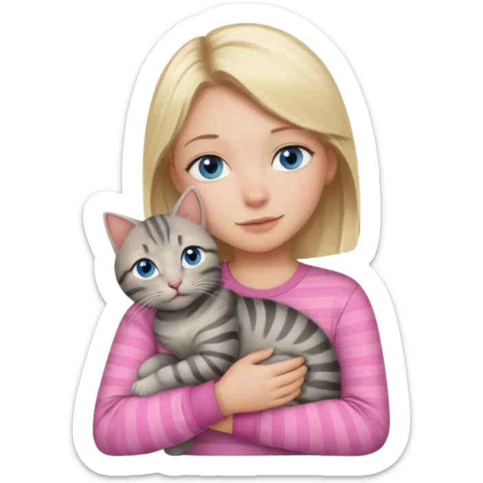 Blonde girl with blue eyes in pink shirt cuddling with grey tabby cat with dark grey stripes sticker