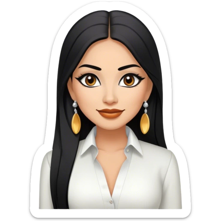 beautiful woman boss, with long straight black hair, with make up, black eye liner, smile, mexican, brown skin, wearing beautiful sexy outfit and white earings, she stand up,  sticker