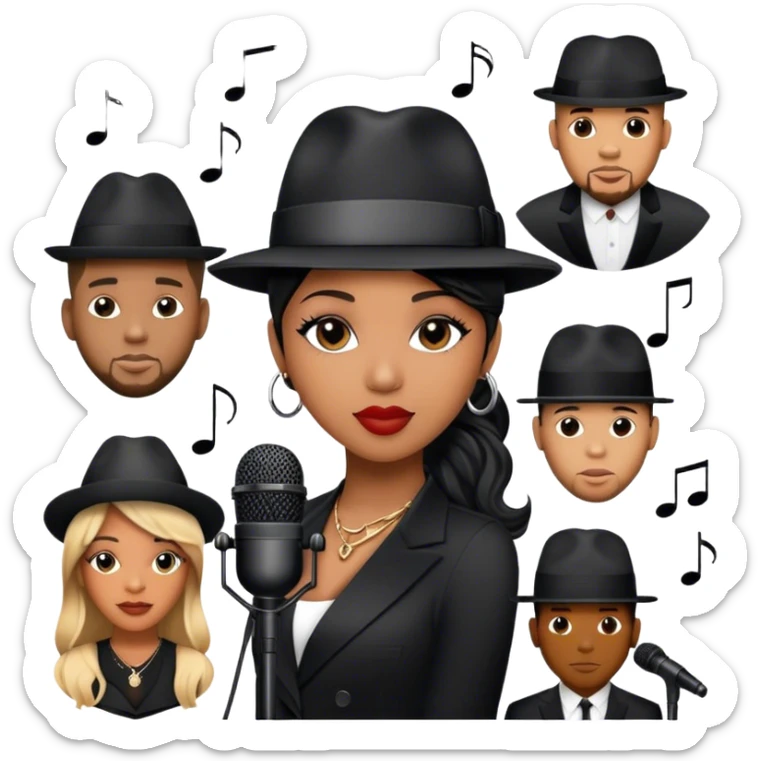 Icon for R&B Music: collage of R&B artists—Victoria Monét, Summer Walker, Usher, Chris Brown, and Muni Long. Each represented by a silhouette or symbolic item like a microphone, fedora, or music notes, reflecting the soul and energy of R&B. Transparent background. sticker