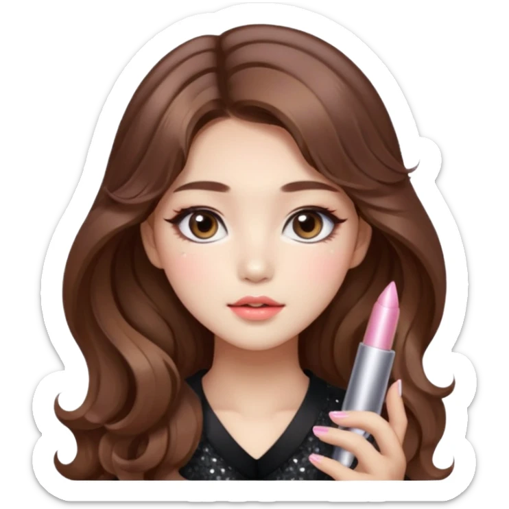 “korean brown hair Emoji girl, soft eyeliner and blush, gradient lips, light brown shimmer eyeshadow, sparkly aegyo-sal, long wavy hair,  sticker