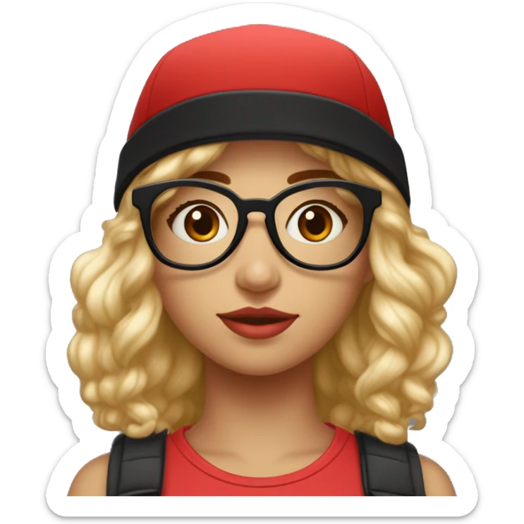 fille avec les cheveux noir avec les cheveux lisseavec une casquette rouge et une paire de lunette ronde, elle a les yeux plus petit que la norme et elle est mignonne, elle a la peau blanche  sticker
