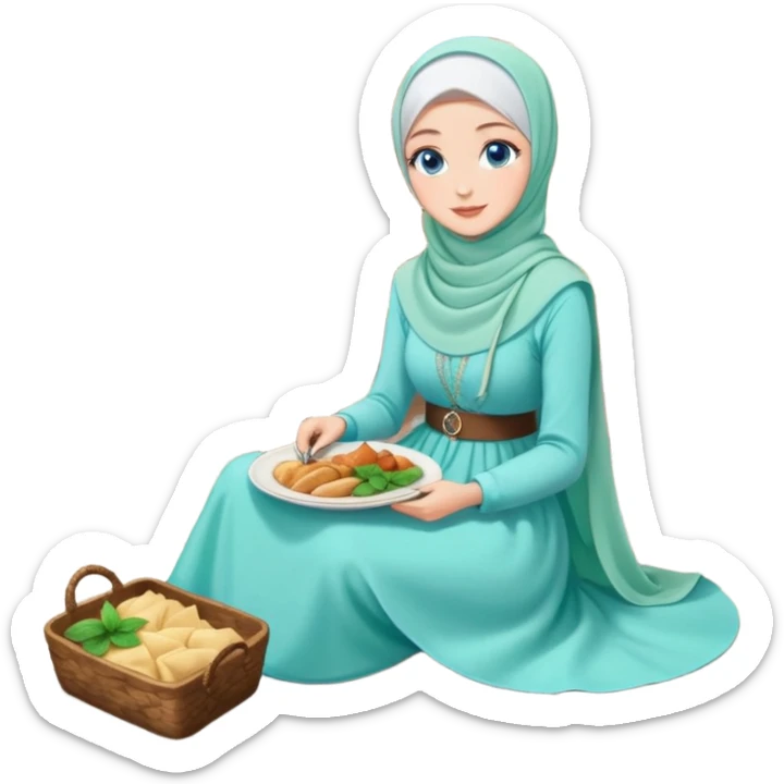Turkish beautiful finish Konya girls blue eyes with lovely mint hijab long tail dress and the two friends sits on the chair on the ground and eating the food in the restaurant  sticker