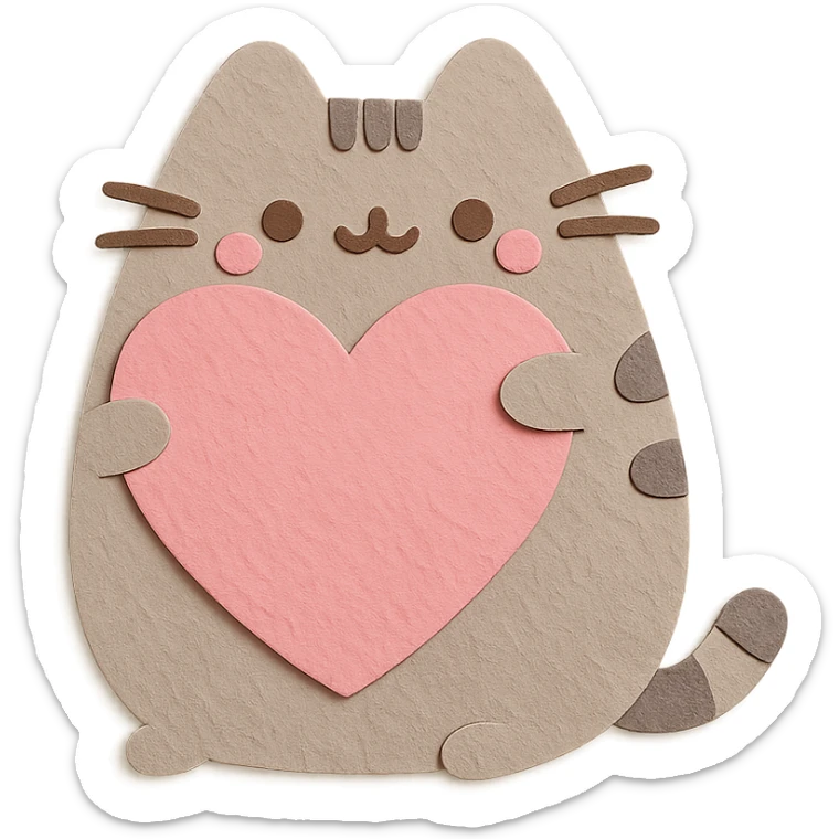 Pusheen hugging a big heart, pastel colors, adorable, paper craft style sticker