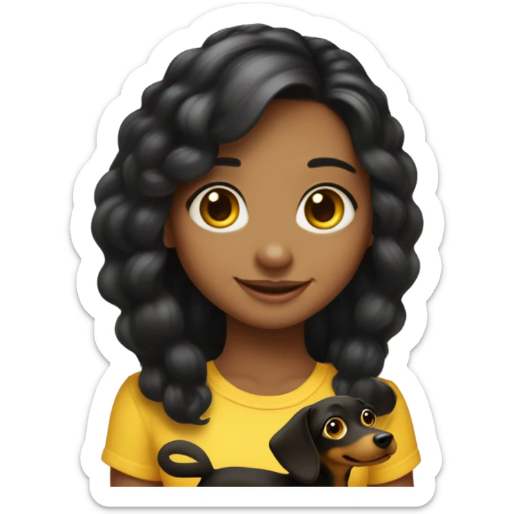 A big eyes, black hair, yellow skin love smile beautiful girl, hair in the middle part, age about 25， affectionately holding a black wiener dog sticker