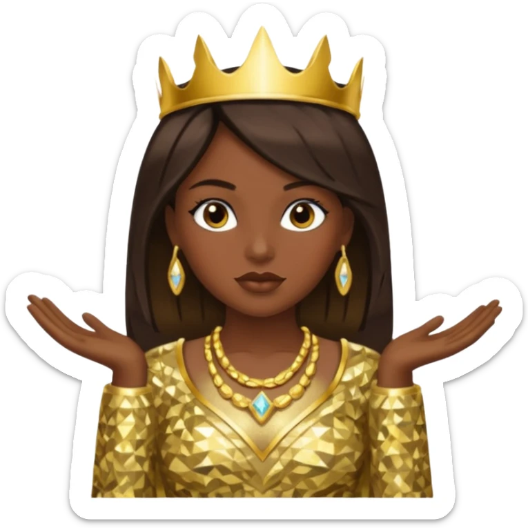Bilquis from American Gods with dark skin, dark brown hair, gold outfit sticker