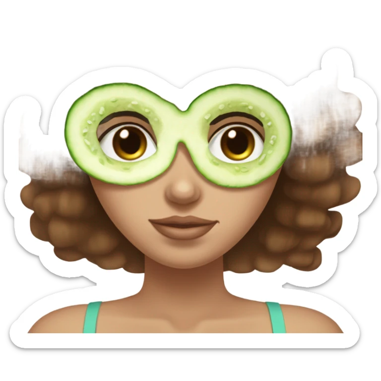 Girl with white skin brown hair freakles and blue eyes wears a green hydratating skin care mask plus on her eyes pickle cuts sticker