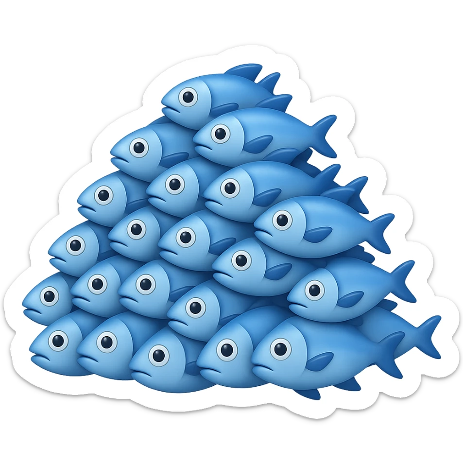 Create a large, loosely pyramid-shaped pile of blue fish in the style of iPhone Apple emojis, blending between 2D and 3D appearance, with a transparent background, variation 2. sticker