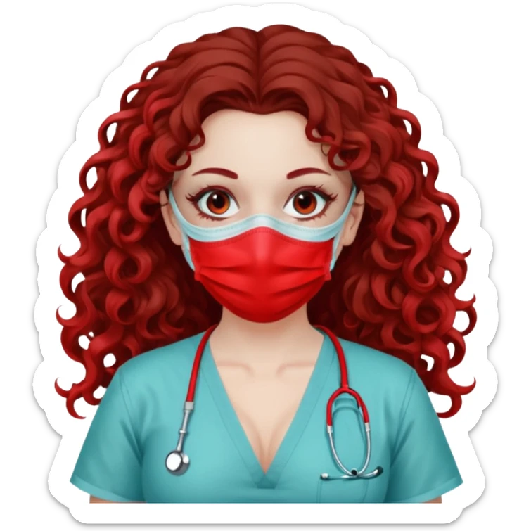 Lilith symbol seductress long curly hair evil surgeon.  brown hair. Red surgical mask.  covering. She works for cartel and kills  with a scalpel. Sexy surgeon outfit sticker