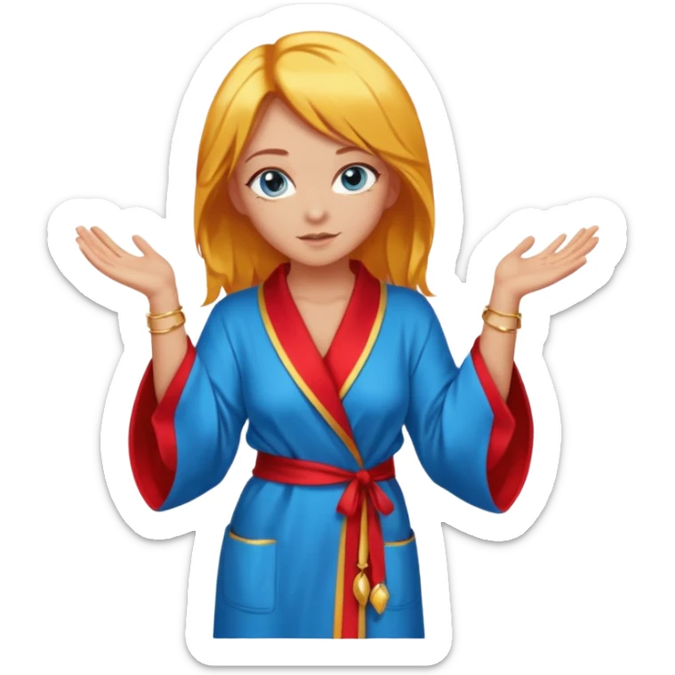 lightly tanned skin, blue eyes, cute and sexy girl with bright yellow-brown hair in a few shades of red robe, golden rings, slight cute makeup, full body, slightly turned aside pose, hands hidden behind back sticker