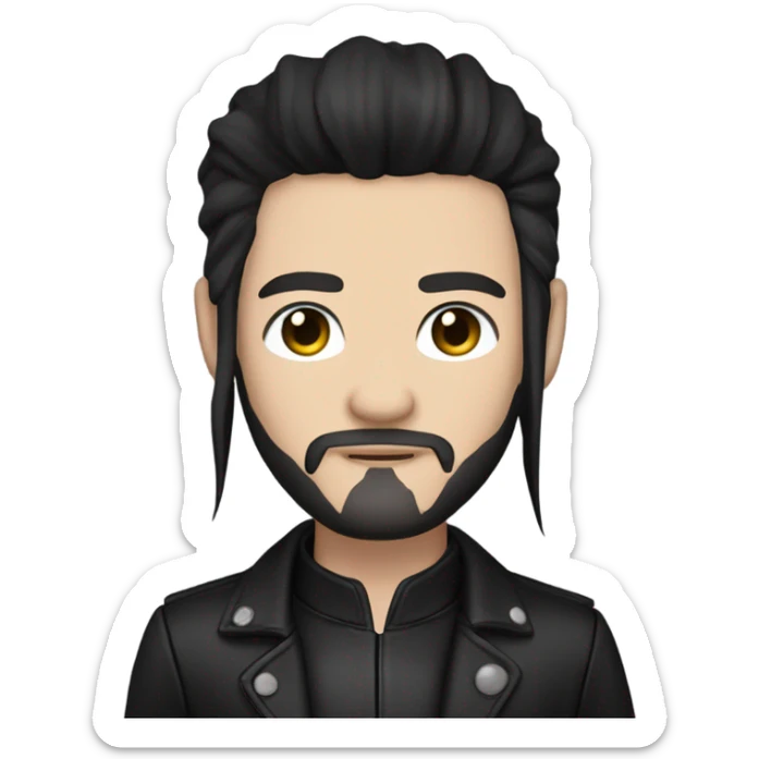 Chinese Man with pale skin, very long black hair, black goatee, square jawline, eyeliner, black leather jacket, black pants, black shirt and pentacle necklace sticker