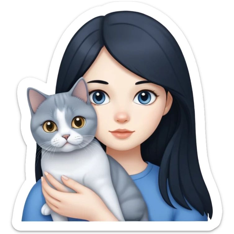 A girl with long black hair is holding a blue and white British shorthair sticker