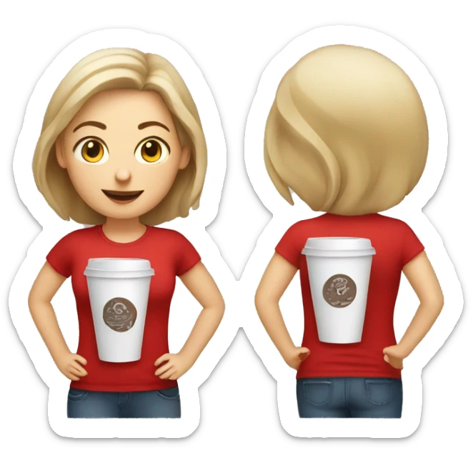white barista girl in a red t-shirt with a cup of coffee sticker