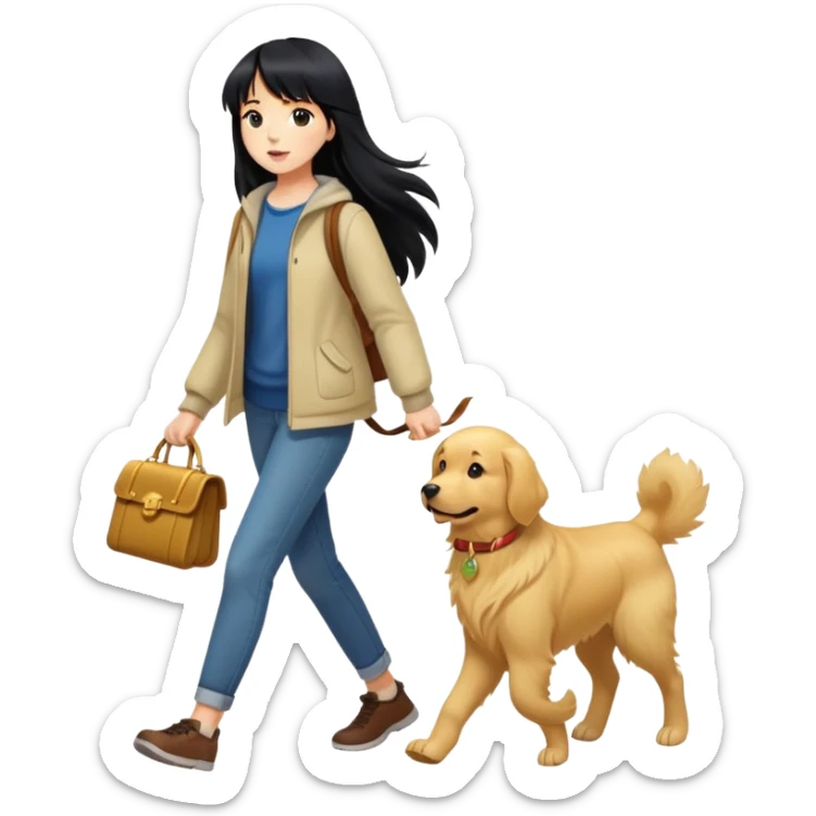 A girl with long black hair and bangs walking with a golden retriever sticker